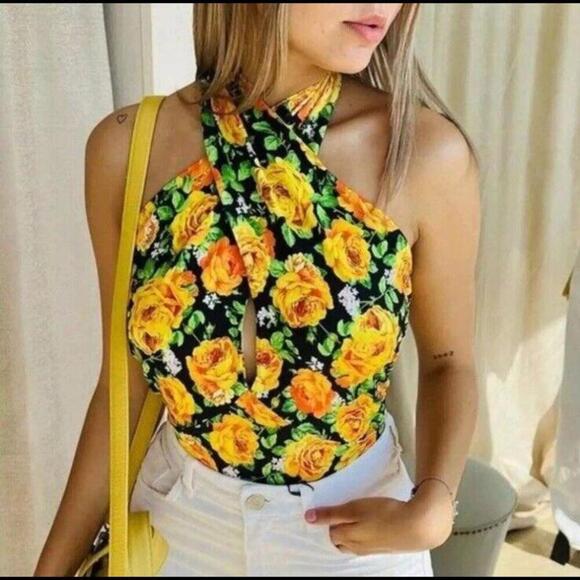 Zara High Halter Neck Twist Ruched Floral Stretch Bodysuit Yellow Sz SMALL NWT! - Picture 2 of 11